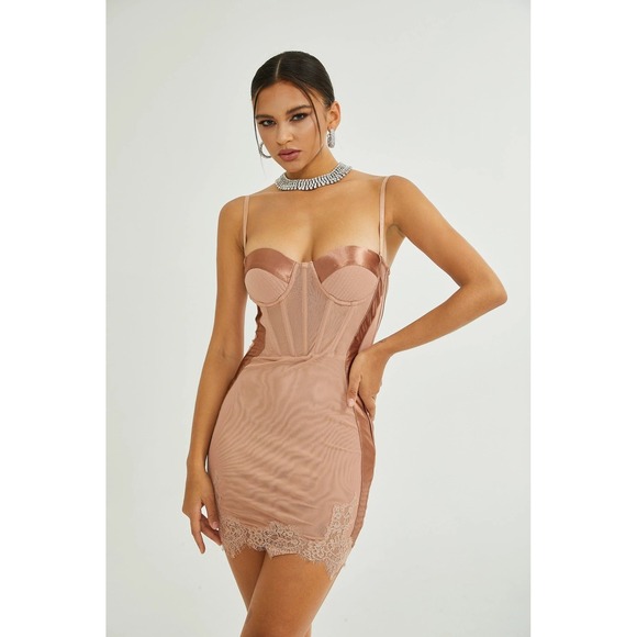 Mao's Dresses & Skirts - Bodycon Corset MAO'S Midi Dress Satin Lace Trim Mesh M Rose Gold Pink